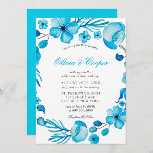 Ocean Blue Watercolor Floral Wedding Invitation