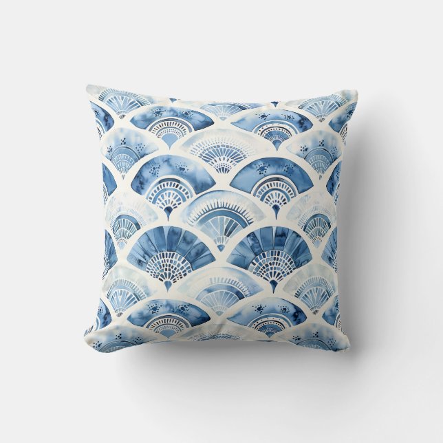 Ocean Blue Watercolor Geometric Gradient Art Deco  Throw Pillow (Front)