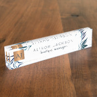 Ocean blue watercolor laurels copper monogrammed