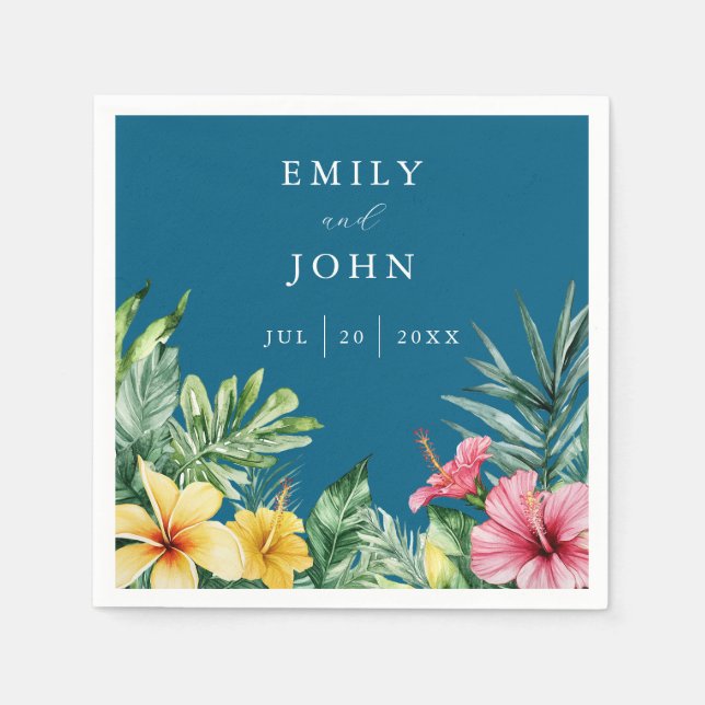 Ocean Blue Watercolor Tropical Floral Wedding Napkin (Front)