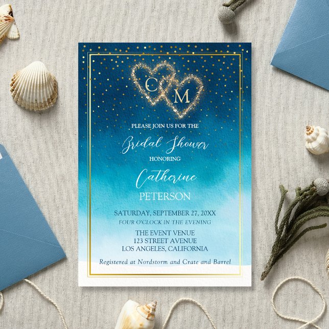 Ocean Blue Watercolor Waves With Monogram Wedding Invitation (Creator Uploaded)