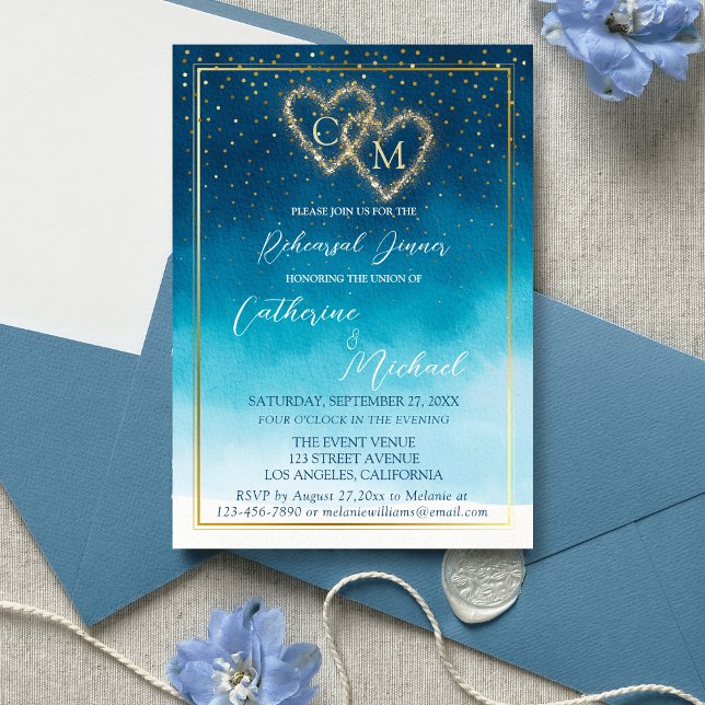 Ocean Blue Watercolor Waves With Monogram Wedding  Invitation (Creator Uploaded)