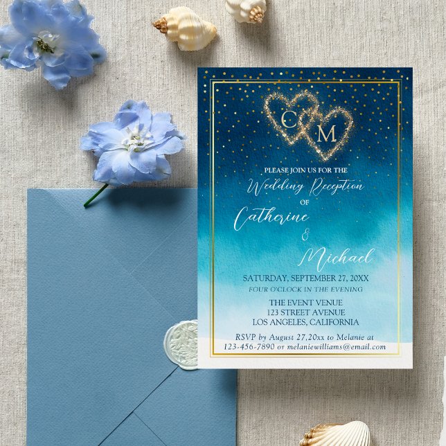 Ocean Blue Watercolor Waves With Monogram Wedding Invitation (Creator Uploaded)