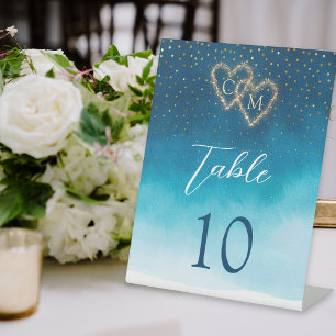 Ocean Blue Watercolor Waves With Monogram Wedding  Pedestal Sign