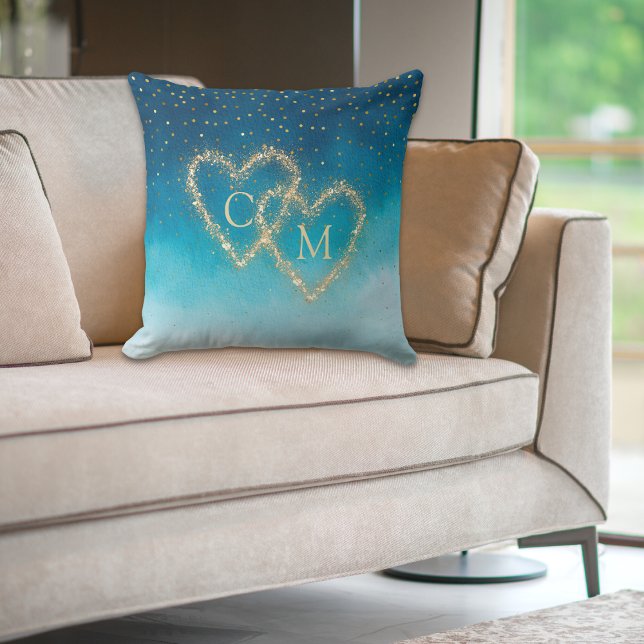 Ocean Blue Watercolor Waves With Monogram Wedding Throw Pillow (Creator Uploaded)