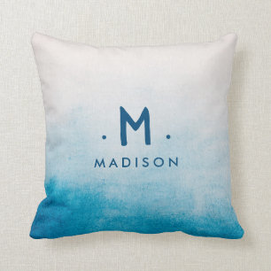 Ocean Blue Watercolors Family Name Monogram Throw  Pillow