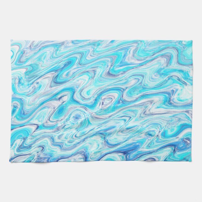 Ocean Blue Wave Marble Texture Abstract Liquid Kitchen Towel (Horizontal)