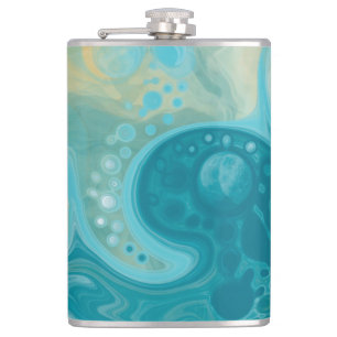 Ocean Blue Waves and Sandy Brown Fluid Art Hip Flask