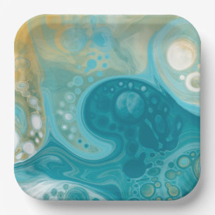 Ocean Blue Waves and Sandy Brown Fluid Art    Paper Plate