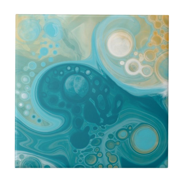 Ocean Blue Waves and Sandy Brown Fluid Art Tile (Front)