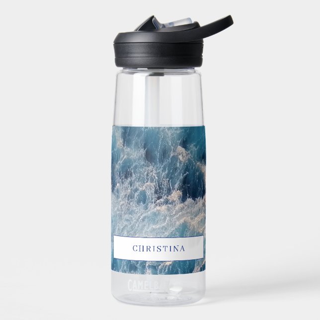 Ocean Blue Waves Bath Custom Name Water Bottle (Left)