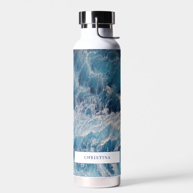 Ocean Blue Waves Bath Custom Name Water Bottle (Left)