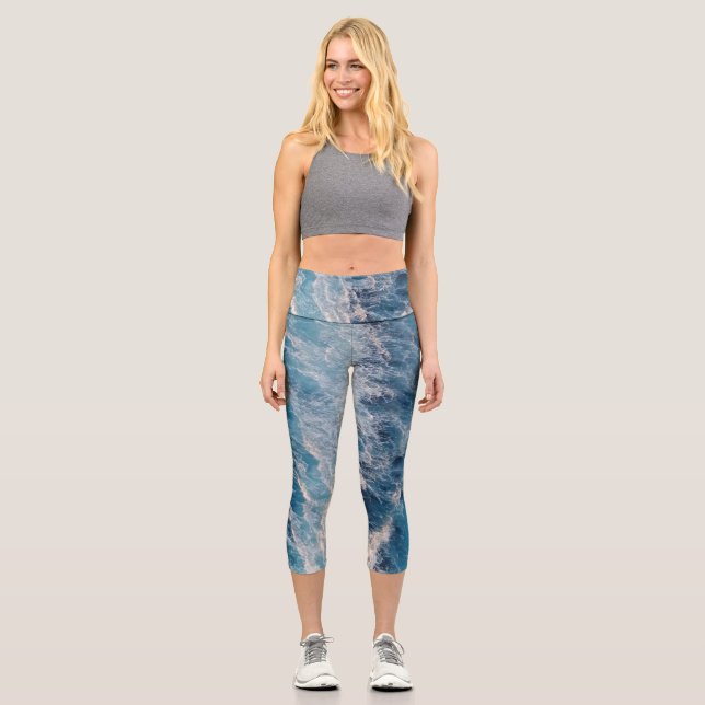 Ocean Blue Waves Capri Leggings (Front)