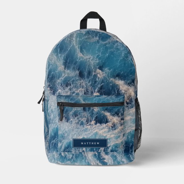 Ocean Blue Waves Personalized Name School Printed Backpack (Front)