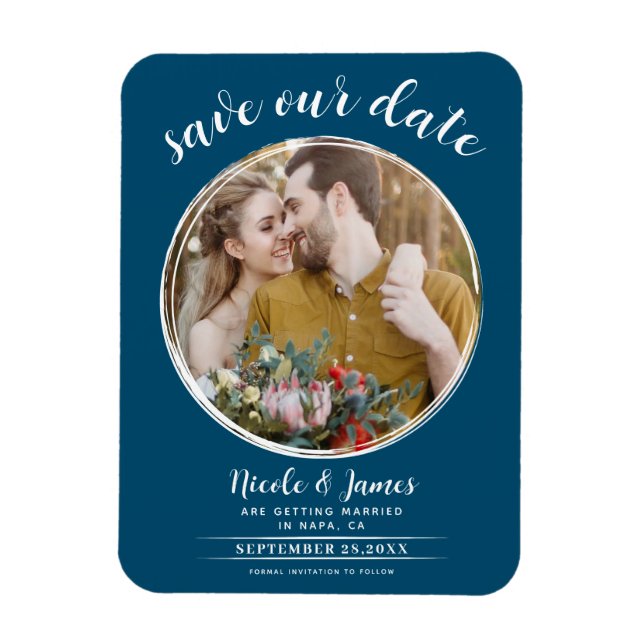 Ocean Blue White Modern Round Photo Save the Date Magnet (Vertical)