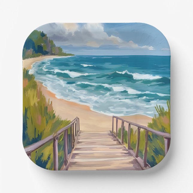 Ocean Boardwalk | Beach Waves Coastal Paper Plate (Front)