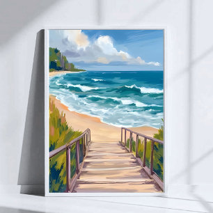 Ocean Boardwalk   Beach Waves Coastal Poster