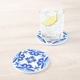 Ocean Breeze Ceramic Watercolor Blue Mosaic  Coaster