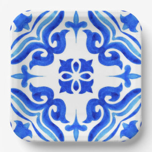 Ocean Breeze Ceramic Watercolor Blue Mosaic  Paper Plate