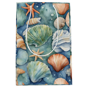 Ocean Breeze Watercolor: Seashell and Starfish Medium Gift Bag