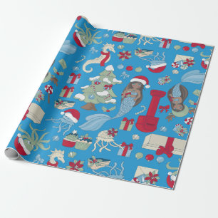 ocean christmas black mermaid seahorse jellyfish wrapping paper