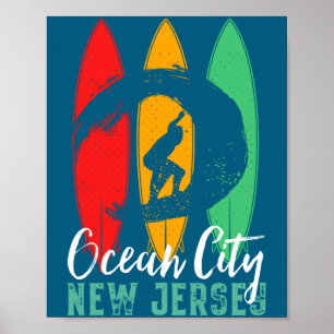 Ocean City Beach New Jersey Vintage Retro Surfing  Poster