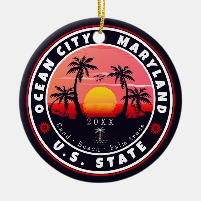 Ocean City Maryland Retro Sunset Souvenirs 80s Ceramic Ornament (Front)