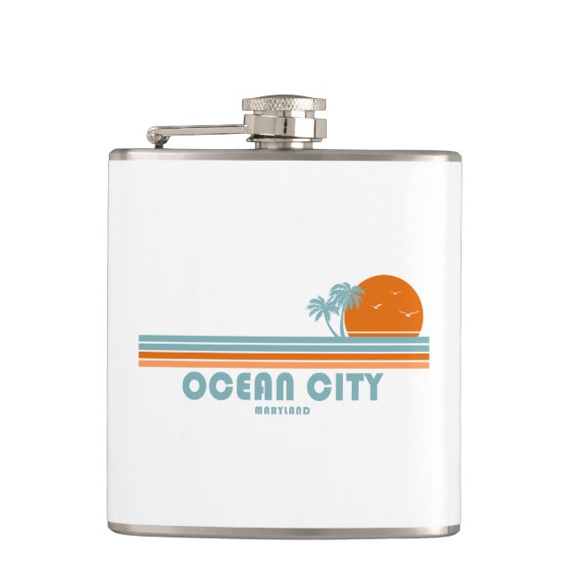 Ocean City Maryland Sun Palm Trees Hip Flask (Front)