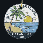 Ocean City Maryland Vintage Ceramic Ornament<br><div class="desc">Ocean City hand drawn illustration with palm trees and waves in the background. Perfect for anyone who loves to visit Ocean City.</div>