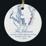 Ocean City MD Map Navy Wedding Photo Christmas Ceramic Ornament<br><div class="desc">Commemorate your Ocean City, MD wedding with our personalized wedding keepsake Christmas ornament featuring a navy blue Chesapeake Bay map theme and your wedding photo on the back. Perfect for Ocean City, Maryland weddings at venues like the Ocean Pines Beach Club, Princess Royale Oceanfront Resort, Clarion Resort Fontainebleau Hotel, Dunes...</div>