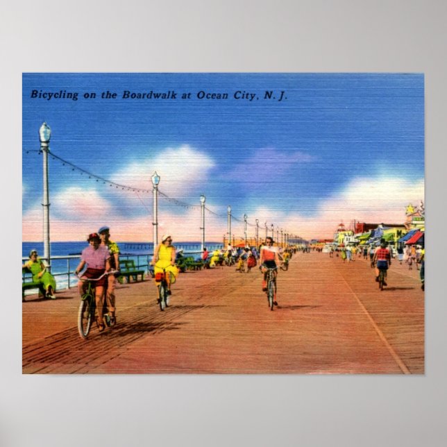 Ocean City NJ, Boardwalk Biking, Vintage Poster (Front)