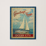 Ocean City Sailboat Vintage Travel New Jersey Jigsaw Puzzle<br><div class="desc">This Greetings From Ocean City New Jersey vintage travel nautical design features a boat sailing on the water with seagulls and a blue sky filled with gorgeous puffy white clouds.</div>