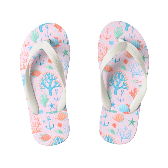 Ocean Coral Anchor Angel Fish  Kid's Flip Flops (Footbed)