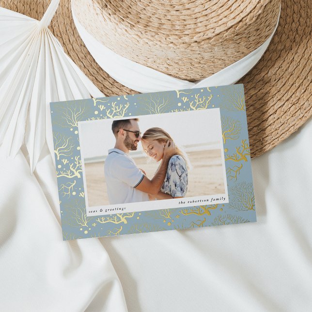 Ocean Coral Border | Horizontal Photo Foil Holiday Card (Creator Uploaded)