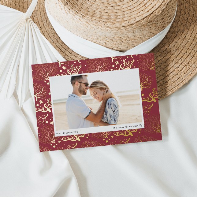 Ocean Coral Border | Horizontal Photo Foil Holiday Card (Creator Uploaded)