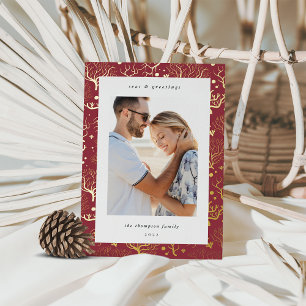 Ocean Coral Border   Vertical Photo Foil Holiday Card