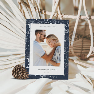 Ocean Coral Border Vertical Photo Foil Holiday Card