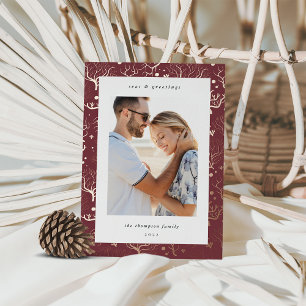 Ocean Coral Border Vertical Photo Foil Holiday Card