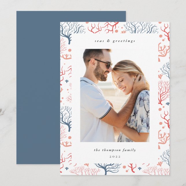 Ocean Coral Border | Vertical Photo Holiday Card (Front/Back)