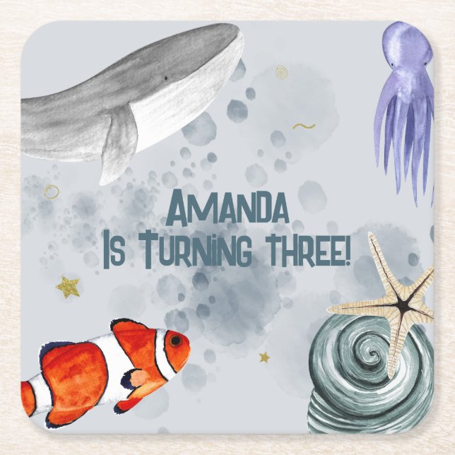 Ocean Creatures Kids Birthday Party Blue  Square Paper Coaster (Front)