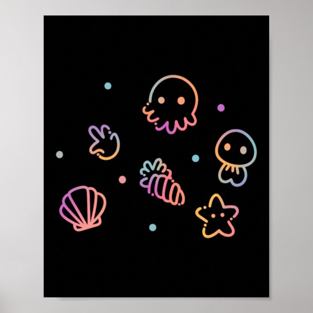 Ocean Creatures Pastel Gradient Sea Life Design Poster (Front)