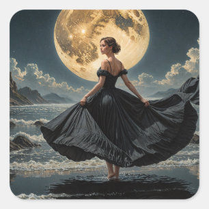 Ocean Dance Under the Moon Woman in Black Dress Square Sticker