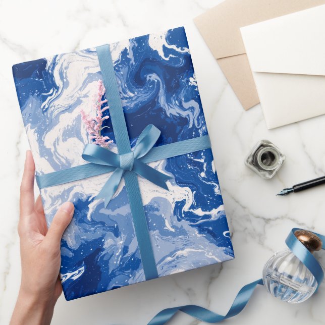 Ocean Deep Blue Flow White Abstract Pattern Wrapping Paper (Gifting)
