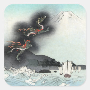 Ocean Dragon Rising to Mt. Fuji HOKUSAI Ukiyo-e Square Sticker