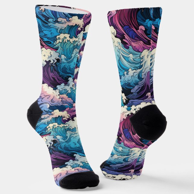 Ocean Dream - Blue Purple Pink Wavy Tide Pattern Socks (Angled)