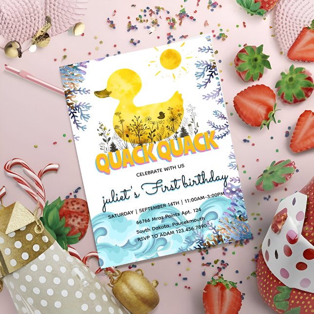 Ocean duckie yellow 1st rubber duck birthday invitation (Creator Uploaded)