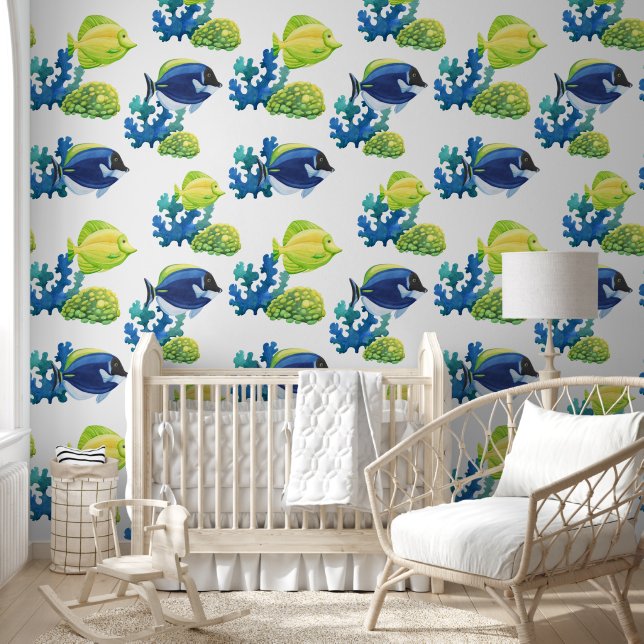 Ocean fish and coral reef blue yellow wallpaper (Kids)