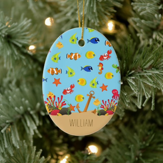 Ocean Fish and Sea Anchor Kid Name Christmas Ceramic Ornament (Tree)