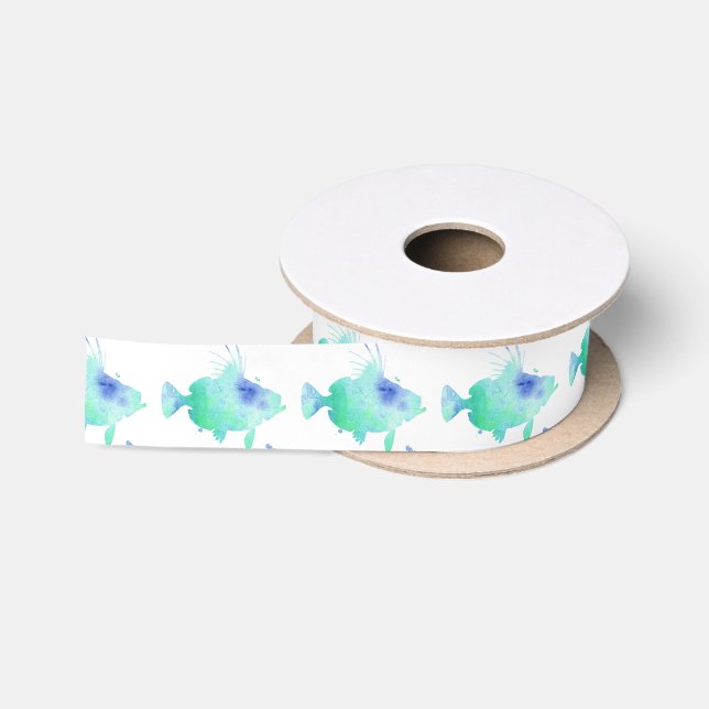 ocean fish aqua wrapping satin ribbon (Spool)