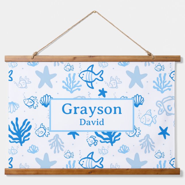 Ocean Fish Custom Name Nursery Boys Room Art Hanging Tapestry (Front)